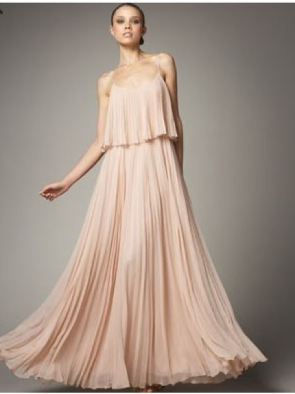 Halston Heritage Champagne Blush Pleated Maxi Dress Gown Size 6